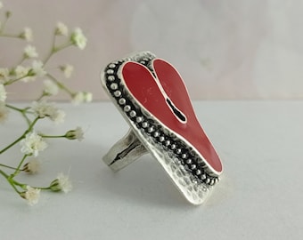 Red Heart Resin Ring: Chunky Antique Silver Statement Ring