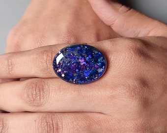 Blue glitter ring Adjustable oval ring Women's cocktail ring Costume ring Sparkly fashion ring Adjustable to fit Open ring Fantasy ring