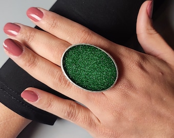 Shimmer Green Resin Ring: Antique Silver Statement Ring, Adjustable Boho Jewelry
