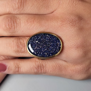 Handmade Bronze Adjustable Ring: Midnight Blue Glitter Resin