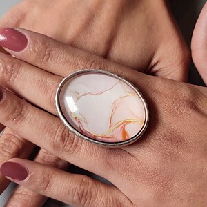 Peach glass ring Adjustable expandable open ring Handmade glass silver ring Oval Ring Womens large silver ring Oversized ring Cameo ring