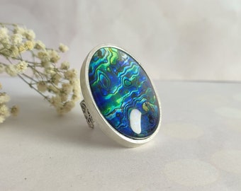 Oval Glass Cabochon Ring, Blue Green Ocean Big Oval Ring, Oval Shaped Cocktail Ring, Chunky Silver Fashion Expandable Statement Ring
