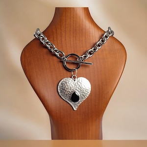 Chunky silver statement necklace, heavy chain choker necklace, large pendant necklace, heart necklace pendant