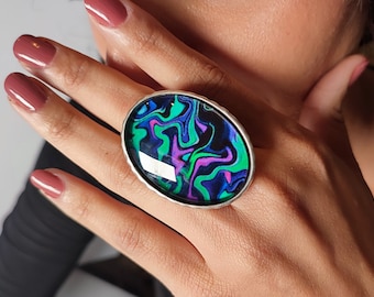 Oval Shaped Chunky Festival Ring, Psychedelic Art Glass Cabochon Antique Silver Ring, Trippy Fashionable Statement Ring Gift Her Gf