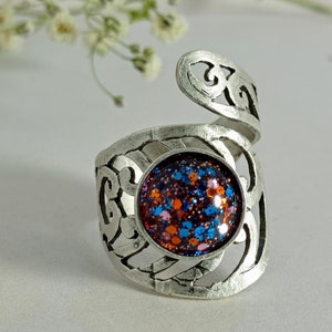 Silver Wrap Ring: Red Blue Glitter Resin, Adjustable Avant Garde Ring