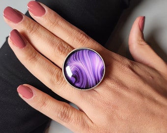 Bright purple large round ring Large glass ring Cabochon ring Boho ring Expandable ring Handmade silver ring Statement fashion ring