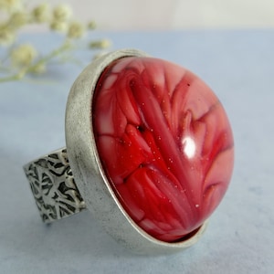 Roter Harz Cabochon Ring: Silber Boho Statement Ring