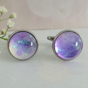 Lilac Glass Opal Cufflinks: Handmade Stainless Steel Groom Accessory