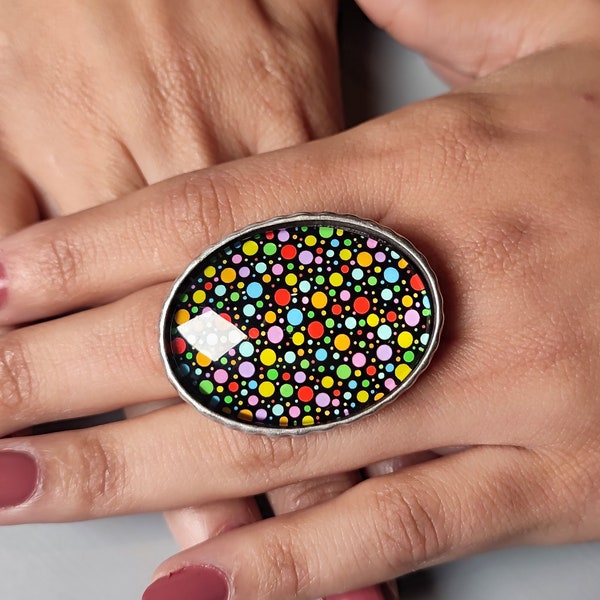 Colourful Polka Dots Ring, Oval Glass Cabochon Ring, Vintage Silver Statement Cocktail Ring, Vintage Retro Black Chunky Fashion Ring