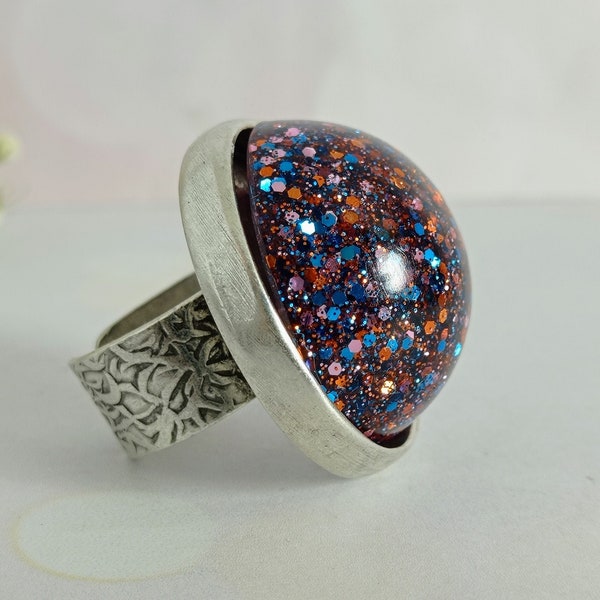 Bague dôme en résine pailletée colorée, grosse bague en argent massif antique, magnifique grande bague cabochon rond, cadeau bague abordable pour femme