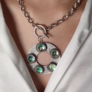Five Moon Necklace with Iridescent Glass Cabochons, Hollow Circle Necklace, Silver Beaten Handmade Necklace, Chunky Ethnic Necklace