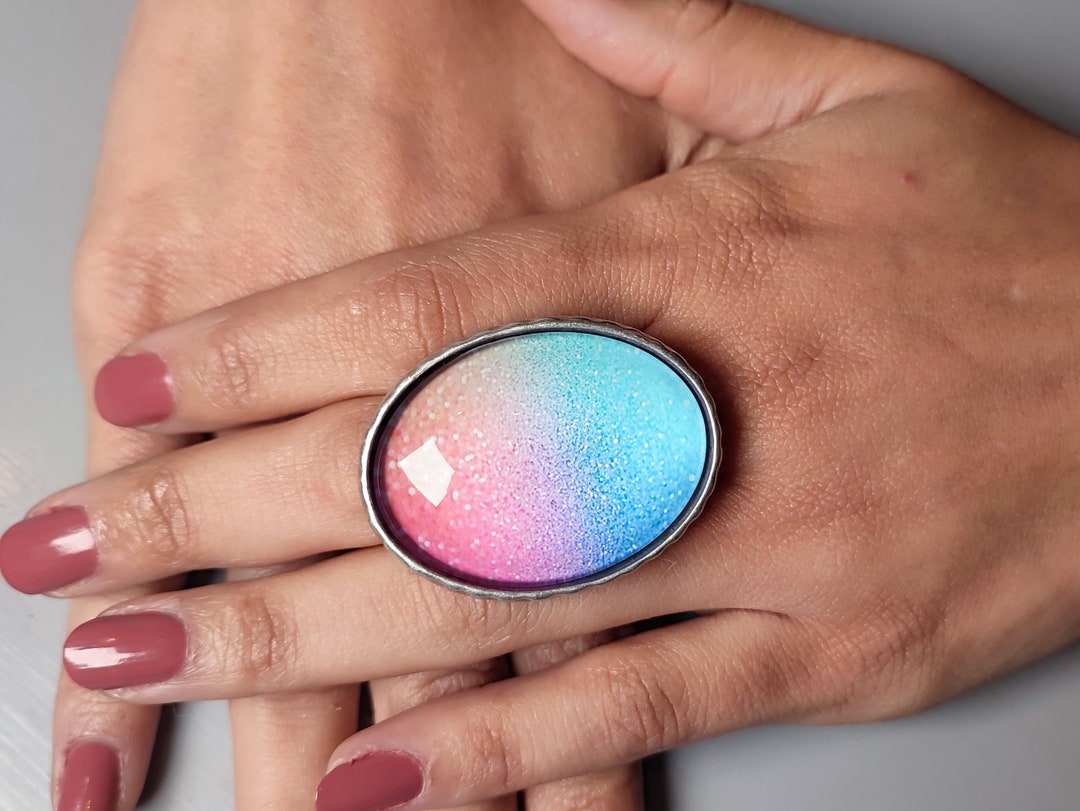 Bright Pink and Blue Ombre Ring, 2 Coloured Glass Cabochon Ring, Large ...