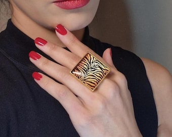 Tiger Print Statement Ring | Gold or Silver Plated | Adjustable Hypoallergenic Ring | Bold Animal Print Jewellery