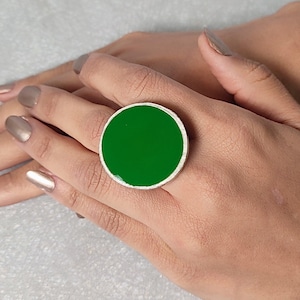 Adjustable Green Statement Ring: Chunky Silver Plated Costume Jewelry