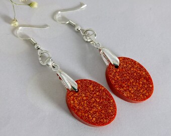 Brick Red Glitter Earrings: Chunky Oval 925 Silver Dangle