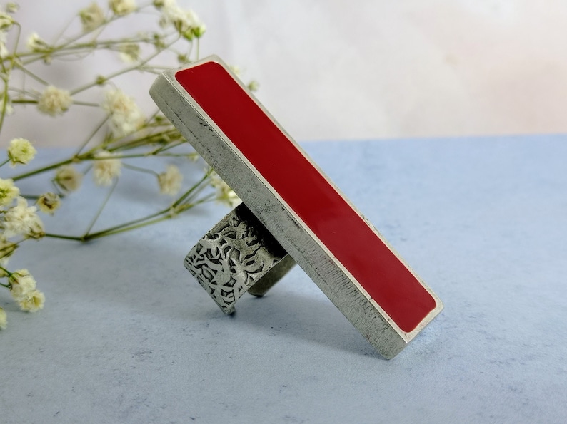 Oversized silver ring, large chunky silver ring, red chunky statement ring, antique silver cocktail ring