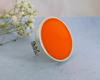 Orange Cocktail Ring: Handmade Silver Statement Ring, Adjustable Band
