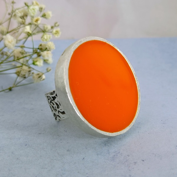 Bright Orange Ring Circular, Flat Circle Chunky Resin Cabochon Ring, Round Cocktail Dress Ring Handmade Vintage Silver Statement Ring