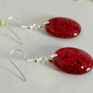 Red Glitter Resin Earrings: Long Silver Dangle, Christmas Jewelry