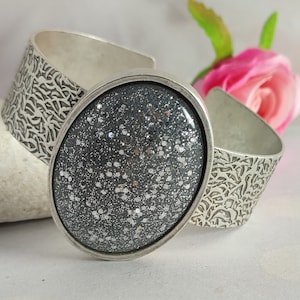 Wide Silver Cuff Bracelet: Glitter Cabochon Stone Bangle