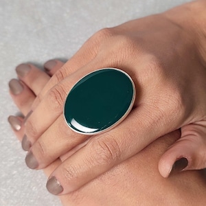 Dark Jade Green Statement Ring: Adjustable Silver Band, Costume Jewelry