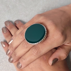 Jade Green Statement Ring: Adjustable Silver Plated Costume Jewelry