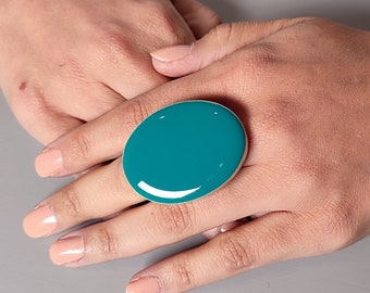 Chunky Petrol Blue Resin Ring: Silver Boho Statement Jewelry