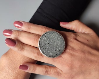 Oversized silver ring Large silver statement ring Glittery ring Sparkly fantasy ring Large women's ring Silver glitter ring Large bling ring