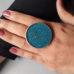 Large Blue Glitter Cocktail Ring: 925 Silver Dipped, Adjustable