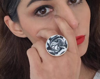 Black and white statement ring. Round flat costume ring with adjustable band