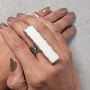 Long White Statement Ring: Adjustable Full Finger, Silver Plated