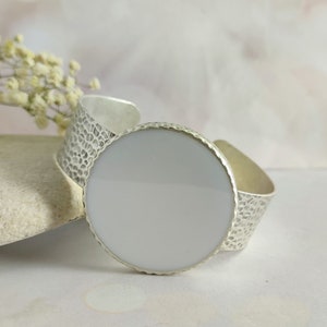 Chunky White Stone Cuff Bracelet: Hammered Silver Statement Bangle