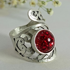 Wraparound Red Glitter Ring, Red Dress Fashionable Ring, Asymmetric Silver Fantasy Wrap Ring Wide, Open Sizeable Cocktail Ring for Her