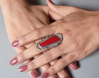 Antique Silver Red Resin Ring: Adjustable Asymmetrical Statement Ring