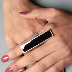 Large Glossy Black Rectangular Bar Ring *17 other vibrant colours available* Oversized Gothic Antique Silver Statement Ring