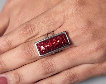 Pretty bright red glitter ring Adjustable open ring Bling ring Shiny sparkly ring Bold red ring Long red statement ring Cocktail ring