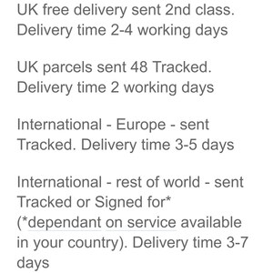 May include: Delivery times for UK and international orders. UK free delivery takes 2-4 working days. UK parcels sent 48 Tracked take 2 working days. International orders to Europe take 3-5 days. International orders to the rest of the world take 3-7 days. Delivery times are not guaranteed and depend on the postal service in the destination country.