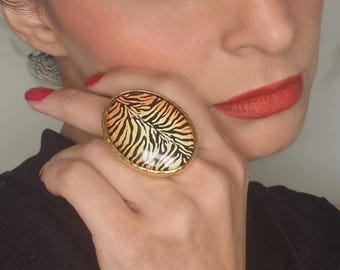 Tiger Print Chunky Statement Ring | Gold or Silver Plated | Adjustable Hypoallergenic Ring | Bold Animal Print Jewellery