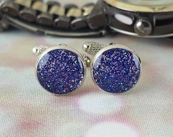 Blue glitter silver Cuff links with a hint of green, Gift for Husband Dad Son Boyfriend, Groom Best Man cuff links