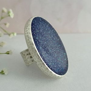 Chunky Blue Glitter Resin Ring: Antique Silver Oval Statement Ring