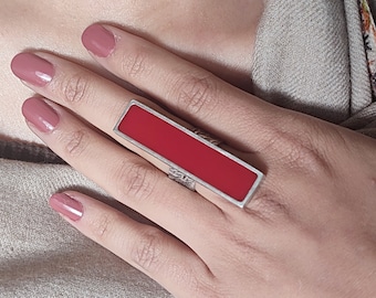 Oversized Red Resin Ring: Silver Plated Gothic Statement Ring