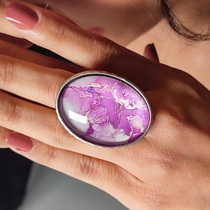 New Trend Purple Glass Cabochon Ring, Artful Marble Styles Ring Affordable, Hammered Silver Oval Shape Adjustable Silver Statement Ring