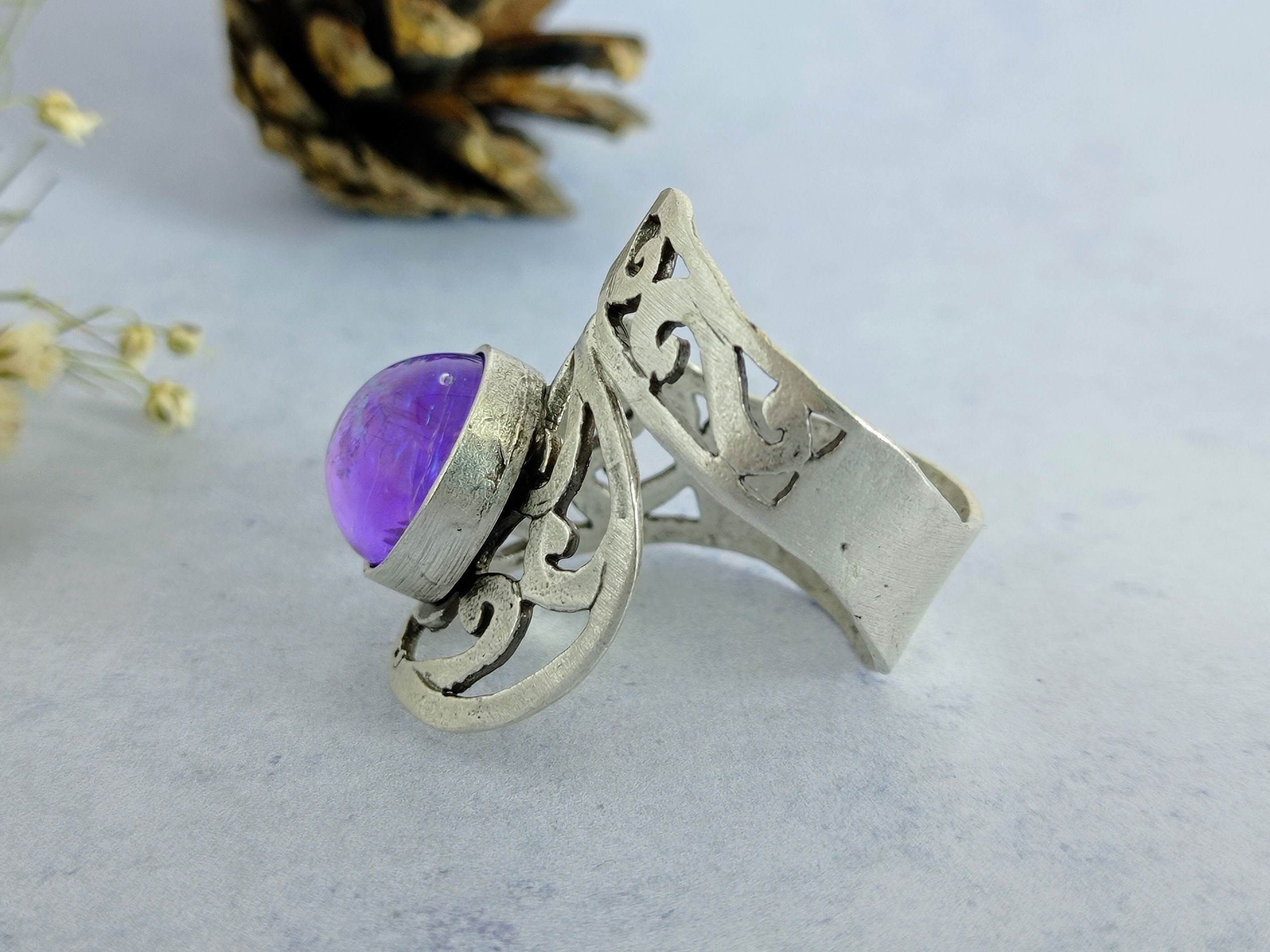 Bague Rétro Argentée Avec Cabochon Opaline Facetté - Taille 53 - Occasion