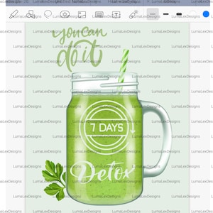 May include: A digital illustration of a green smoothie in a mason jar with a handle and a straw. The words "7 Days Detox" and "You can do it" are written on the jar. A sprig of green leaves is on the left.
