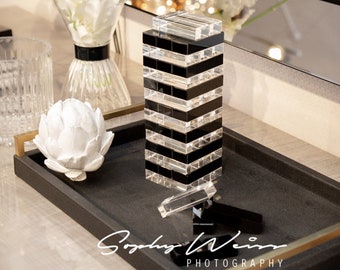 Luxury Acrylic Tumbling Tower Game - Ornament - Board Game Toppling Tower - Jumbling Tower - Chess - Rummikub - Backgammon - Connect 4