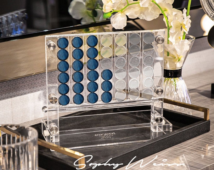 Connecting Game - Pearl Blue and Clear Buttons - Luxury Acrylic Board Game - Ornament - Gift - Board Game - Display - Chess - Art