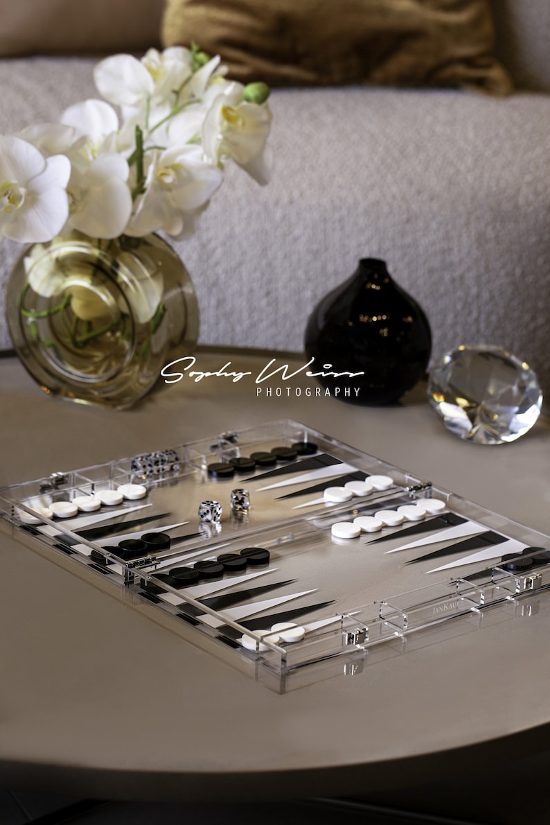 Luxury Acrylic Backgammon Game by Jan Kauf. Connect 4 Noughts and Crosses Jenga Tower Othello Chess Mancala Poker. This Board Game is the perfect Home Décor Christmas Gift Birthday Gift Anniversary Gift Graduation Gift Housewarming Gift Ornament