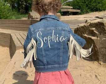 Hand Painted Personalised Children’s Fringe Denim Jacket. Kid’s Custom Calligraphy Gift. Customised Tassel Fringe Festival Jacket. Toddler