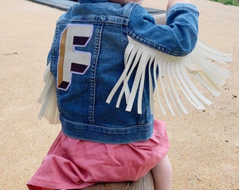 Bright and Colourful Personalised Children’s Fringe Denim Jacket - Kid’s Custom Tassel Customised Initials Coat