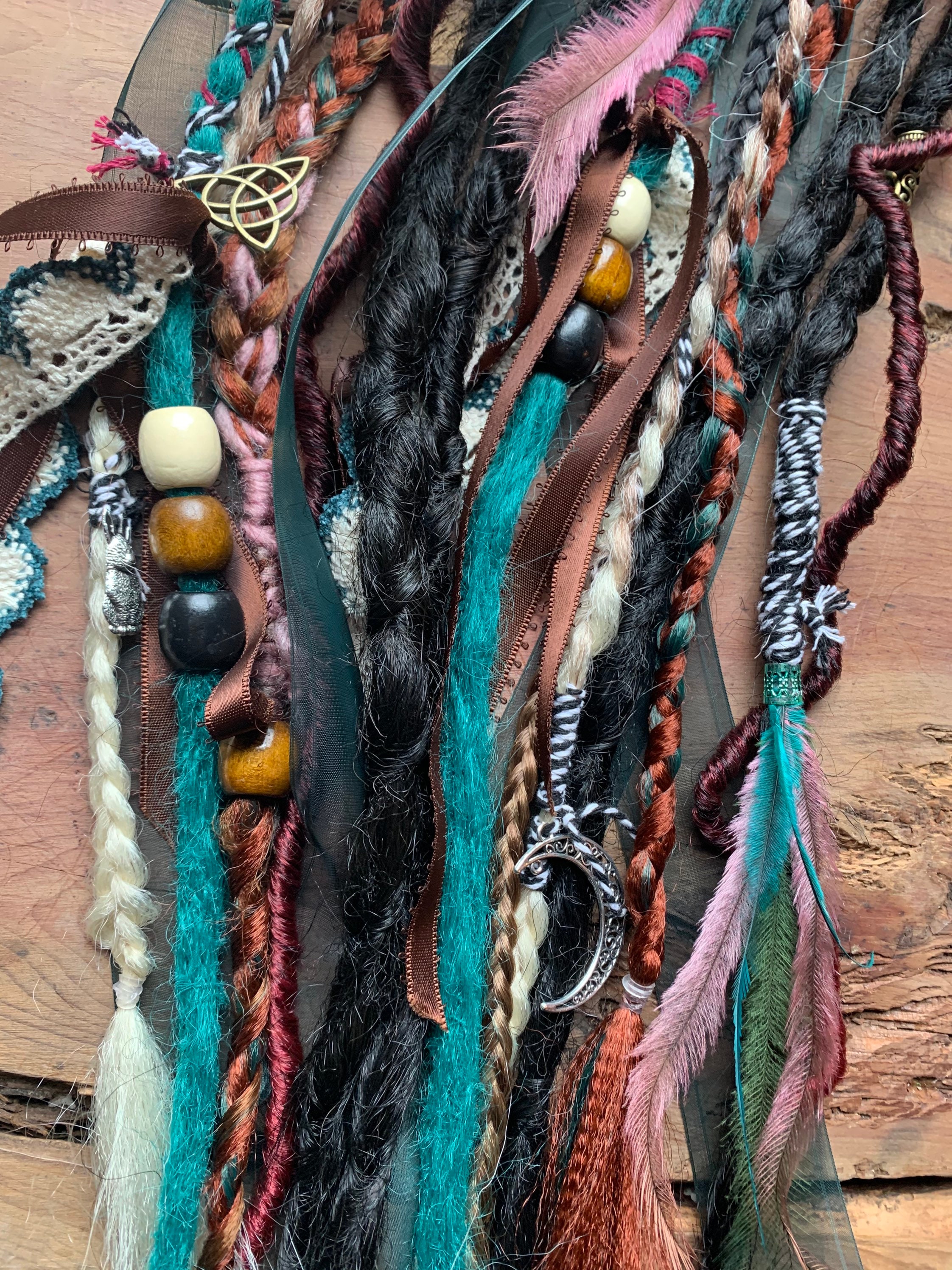 AUTUMN FALL Dreads & braids mix, copper and green wild synthetic dreadlock mix - instant clip in dreads and braids. Pagan hair,witch hair,